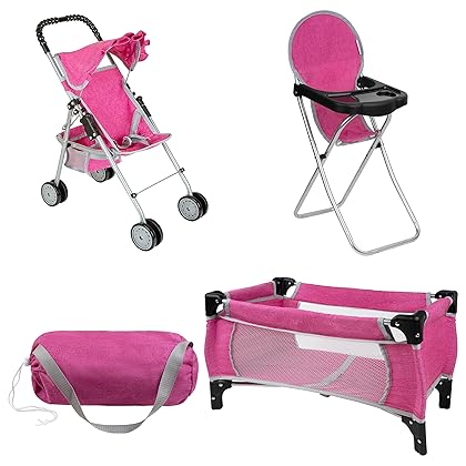 Fash N Kolor Doll Play Set 3 in 1 Doll Set, 1 Pack N Play, Doll Stroller, Doll High Chair Fits Up to 18'' Doll Denim Pink