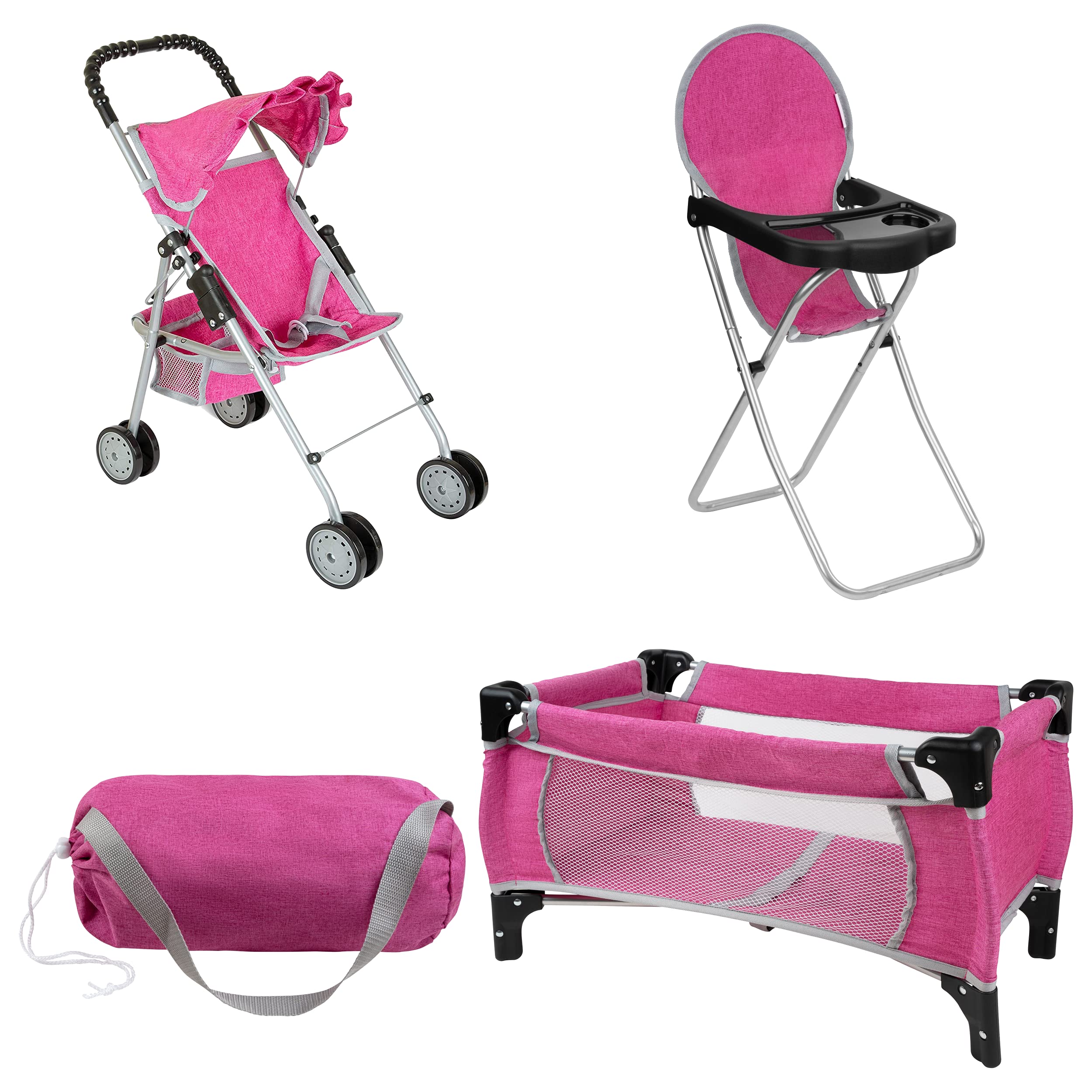 Fash N Kolor Doll Play Set 3 in 1 Doll Set, 1 Pack N Play, Doll Stroller, Doll High Chair Fits Up to 18'' Doll Denim Pink