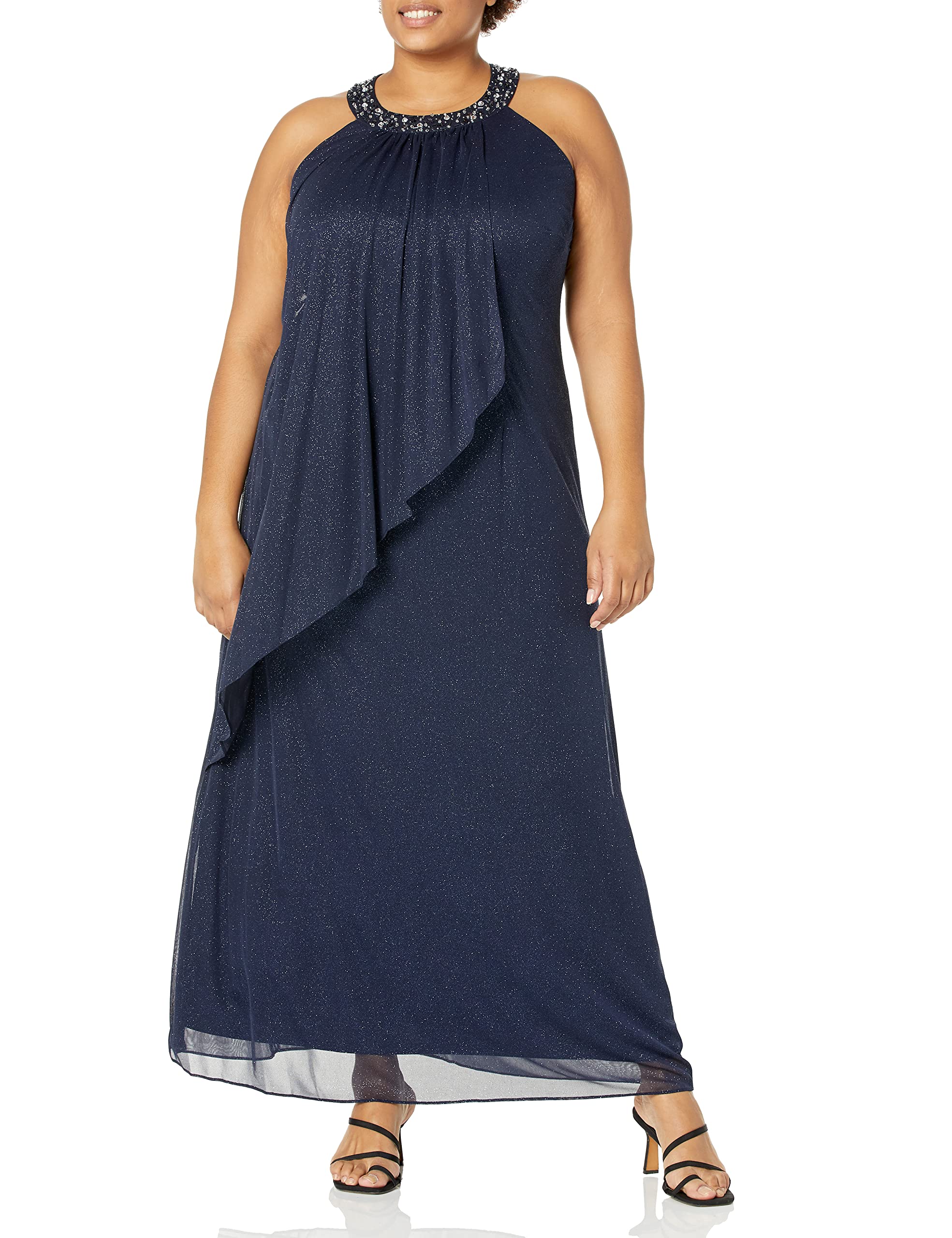 S.L. Fashions Women's Plus Size Long Halter Dress with Cascade Ruffle