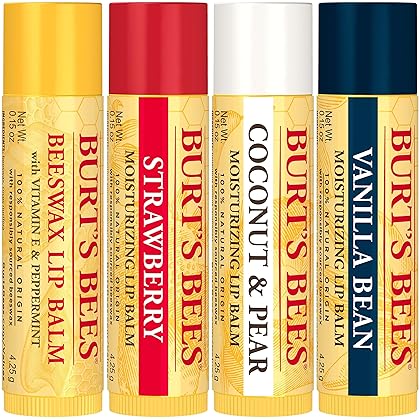Burt's Bees Lip Balm Mothers Day Gifts for Mom - Beeswax, Strawberry, Coconut and Pear, and Vanilla Bean, With Responsibly Sourced Beeswax, Tint-Free, Natural Origin Lip Treatment, 4 Tubes, 0.15 oz.