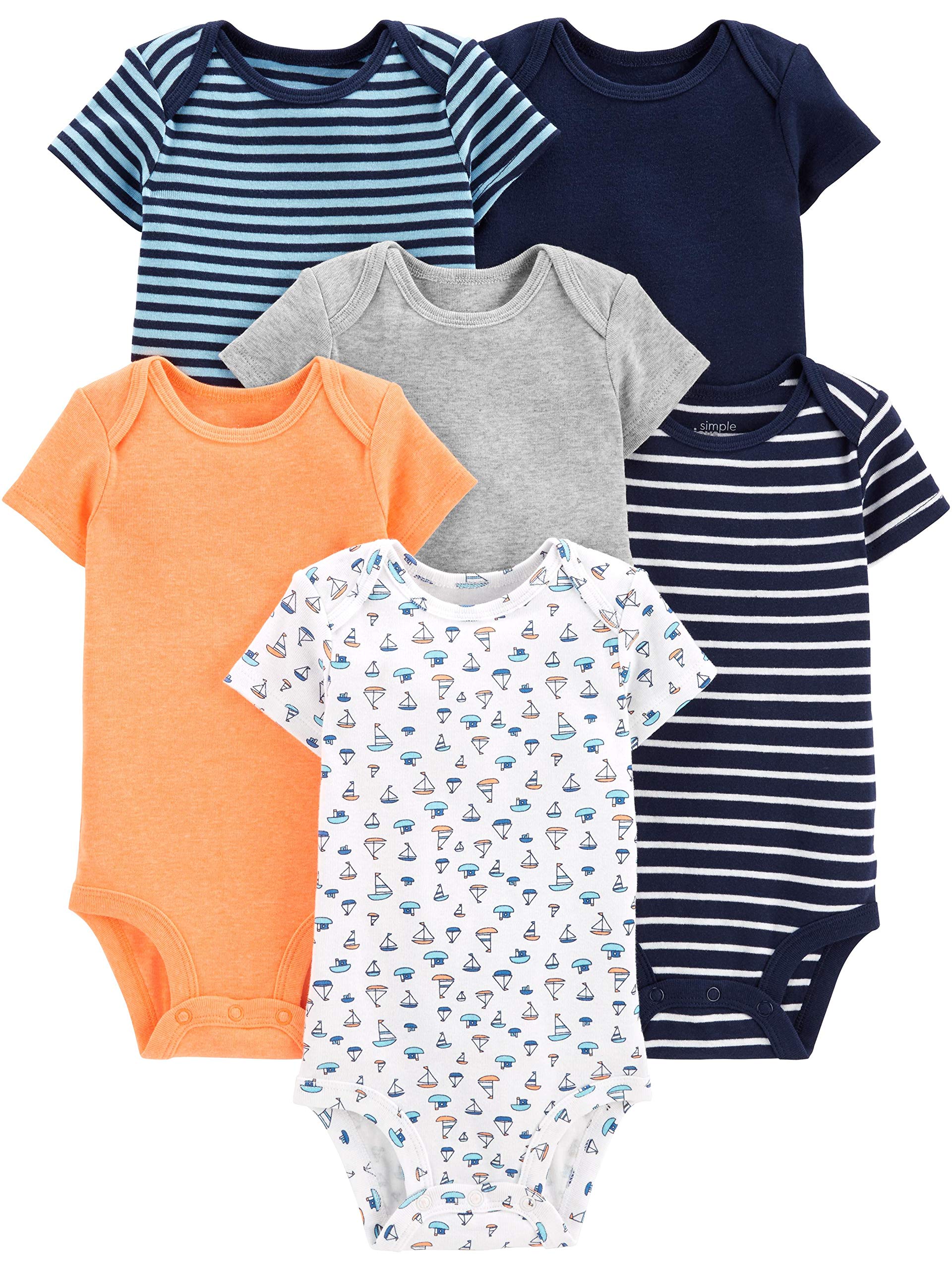 Simple Joys by Carter's Baby Boys' Short-Sleeve Bodysuit, Pack of 6, Blue/Orange/Grey, Sailboats/Stripe, Preemie