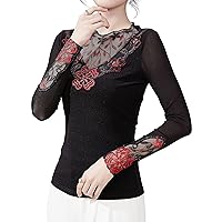 Women's Lace Mesh Tops Long Sleeve Rhinestone Embroidered Floral Hollow Out Blouses Elegant Solid Color Chiffon Shirts