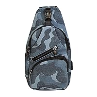 Anti-Theft Daypack Crossbody Sling Backpack, USB Charging Connector Port, Lightweight Day Pack for Travel, Hiking, Everyday, Regular, Vintage Blue Camo