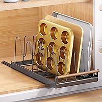 Pull out Cabinet Organizer, Cookie Sheet Organizer for Cabinet, Cutting Board, Bakeware, Sliding Pot Lid Organizer for Cabinet with Adjustable Wire Dividers, Slide out Kitchen Cabinet Organizer