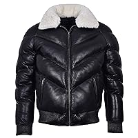 Men's Puffer Leather Jacket Black with White Collar WARM Bomber Real Napa LEATHER Jacket Ace Puffer