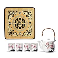 Japanese Ceramic Tetsubin Teapot & 4 Teacups White Snow Pink Blossoms Sakura Flower Tea Set with Bamboo GongFu Tea Tray Square Chinese Gongfu Tea Table Tray