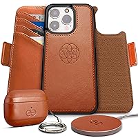 Dreem Bundle: Fibonacci Wallet-Case for iPhone 13 Pro Max with Om Case for AirPods Pro 2 and Empower Wireless Charger Pad [Caramel]