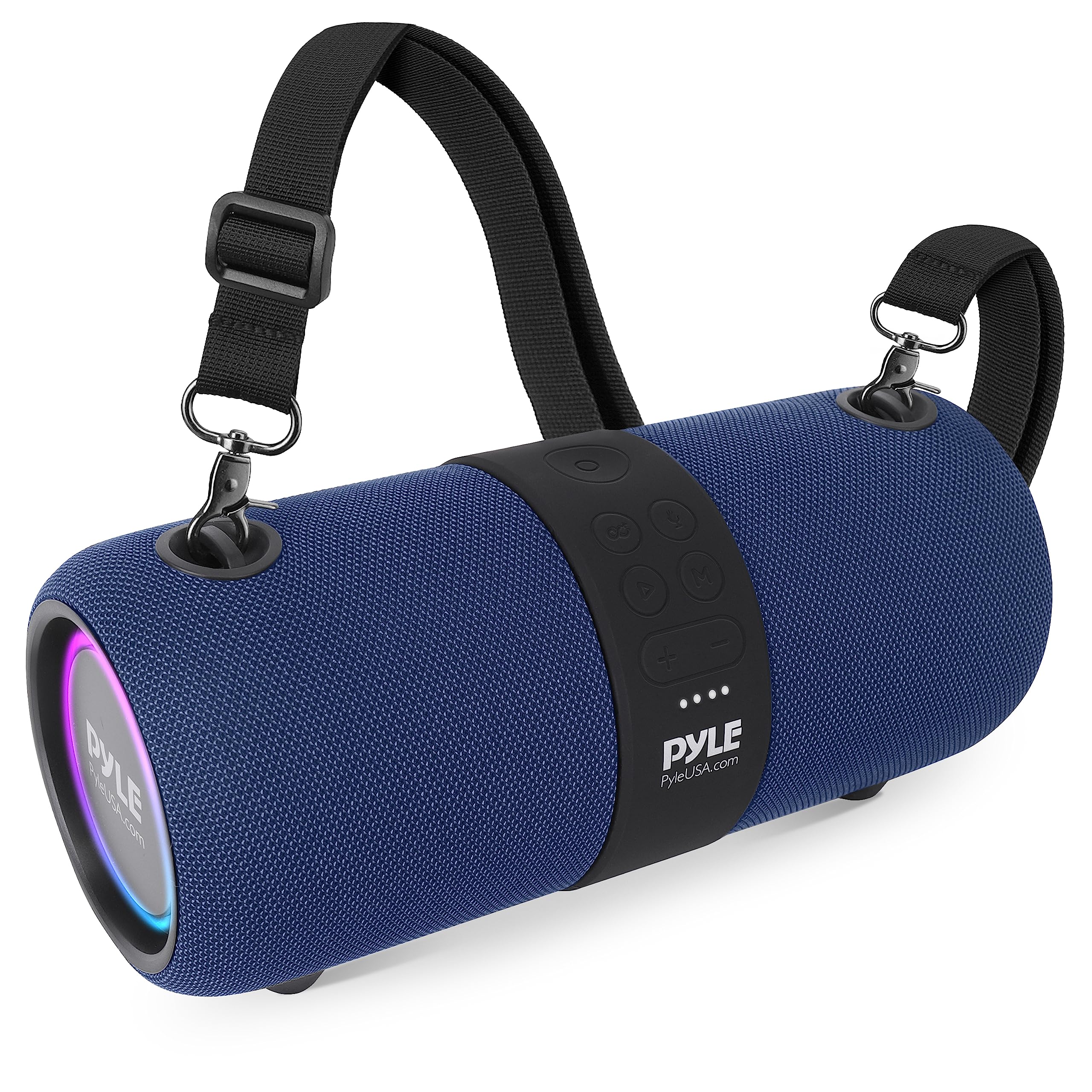 PyleUsa Wireless Portable Bluetooth Boombox Speaker - 2Ch Waterproof Rechargeable Fabric Stereo Speaker w/Google Assistant/Siri Voice Control, TWS Function, USB FM Radio, RGB Lights -PSBWP9BL (Blue)