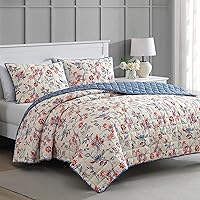 MARTHA STEWART Full Queen Size Quilt Bedding Set - 3 Piece, Soft Washed Microfiber, Printed Bedspread, Reversible, All Season, 1 Quilt, 2 Standard Pillow Shams, White, Blue & Red, Painted Floral Print