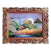 Handicraftstore Lord Anjaneya Wall Hanging Poster Painting/Panchmukhi Hanuman Home Decorative Photo Picture with Wood Carved Frame/Hindu Deity Monkey God Portrait-Religious Art Gift