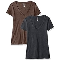 Clementine Apparel Women's Petite Plus 2-Pack Short Sleeve Deep V-Neck T-Shirt, Midnight Navy/Storm, Small