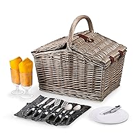 PICNIC TIME Piccadilly Picnic Basket, Romantic Picnic Basket for 2 with Picnic Set - Includes Utensil Set, Glasses, Plates, and Wine Opener, (Anthology Collection - Gray with Gold Accents)