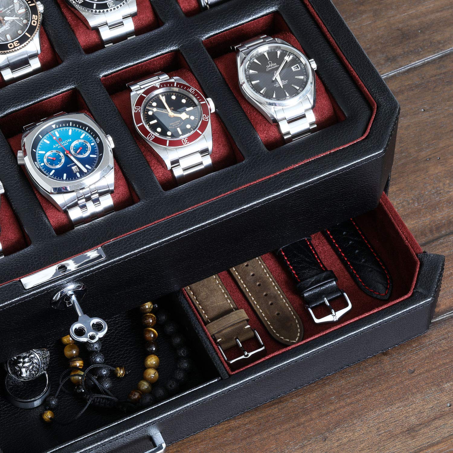 Gift Set 12 Slot Leather Watch Box with Valet Drawer & Matching Double Watch Winder - Luxury Watch Case Display Organizer, Locking Mens Jewelry Watches Holder, Men's Storage Boxes Glass Top Black/Red