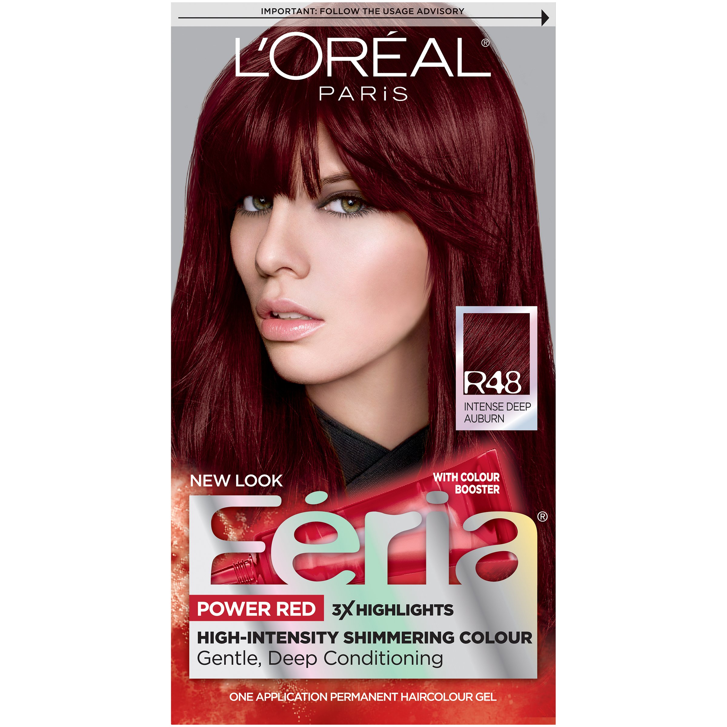 L'Oreal Paris Feria Multi-Faceted Shimmering Permanent Hair Color, R48 Red Velvet (Intense Deep Auburn), Pack of 1, Hair Dye