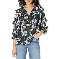 BCBGMAXAZRIA Women's Long Sleeve Blouse with Ruffles and Tie Front