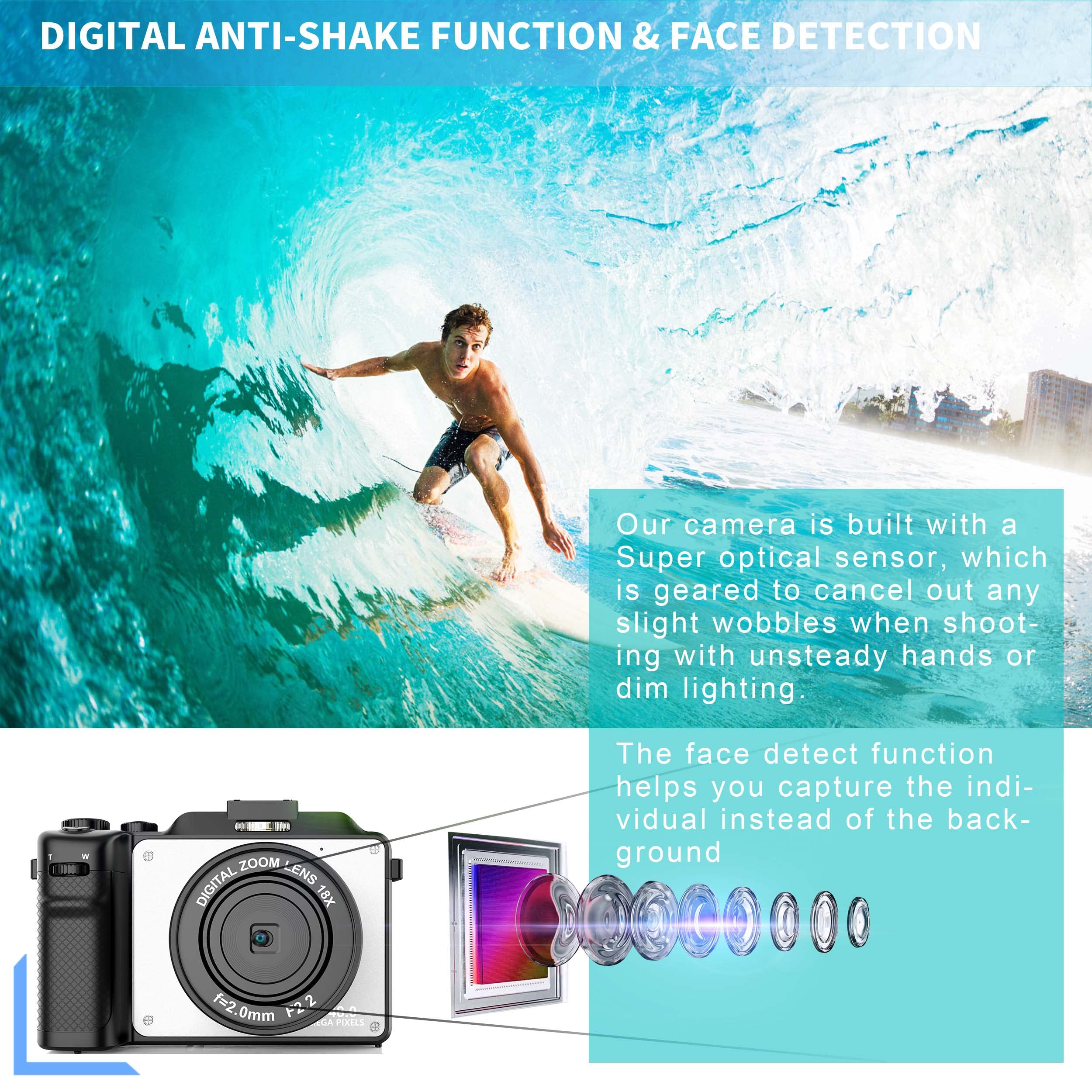 Vlogging Camera, 4K 48MP Digital Camera with WiFi, Free 32G TF Card & Hand Strap, Auto Focus & Anti-Shake, Built-in 7 Color Filters, Face Detect, 3'' IPS Screen, 140°Wide Angle, 18X Digital Zoom AC-09