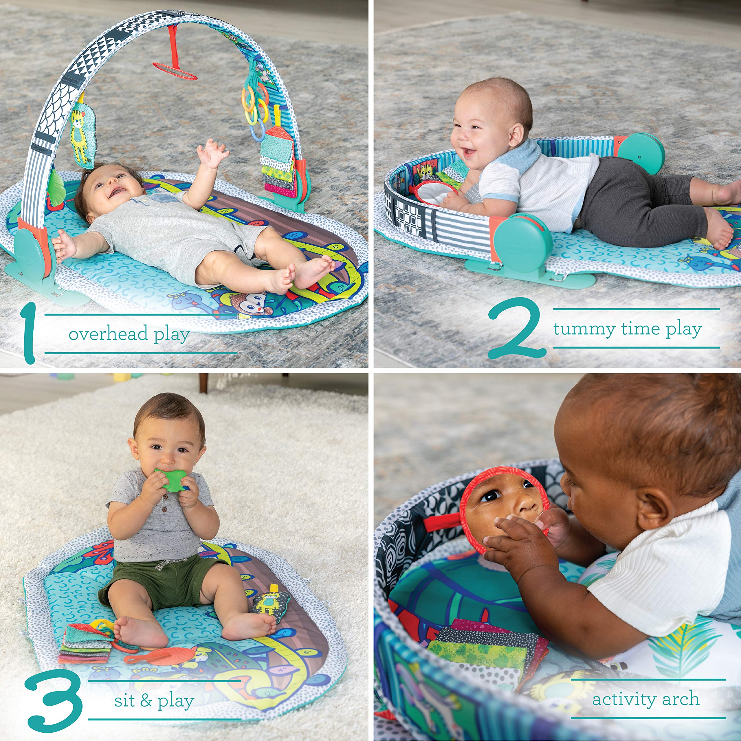 Infantino 3-in-1 Deluxe Magic Arch Sensory Development Gym - 3 Ways to Play with Dual-Sided Magical Arch for Captivating Overhead Visuals Plus Tummy-Time Bolster & Mat with Growth Chart, Teal