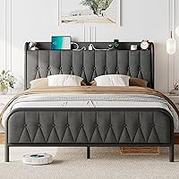 Queen Bed Frame with Type-C & USB Port, Metal Platform Beds, with Linen Upholstered Headboard & Footboard, 12