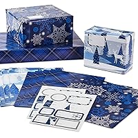 Hallmark Flat Blue Wrapping Paper Sheets with Gift Tag Seals (12 Folded Sheets, 16 Gift Tag Stickers) Silver Snowflakes, Deer Forest Scene, Tartan Plaid