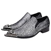 Mens Loafers Pointed Toe Sparkling Leather Fashion Casual Metal Tip Western Dress Shoes