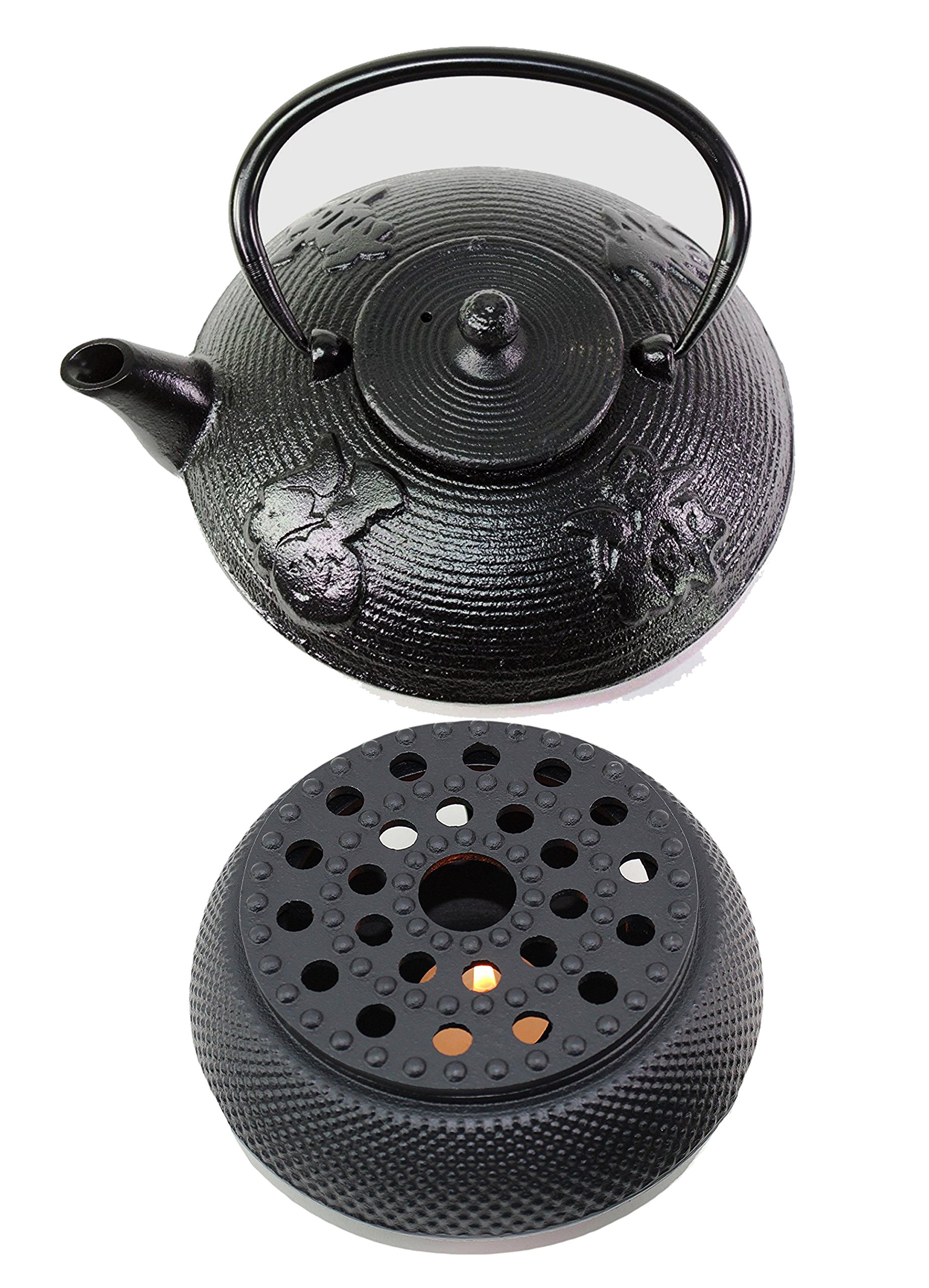 Iron Teapot + Warmer - Japanese Antique 24 Fl Oz Black Fu Lu Shou Xi Cast Iron Teapot Tetsubin with Infuser