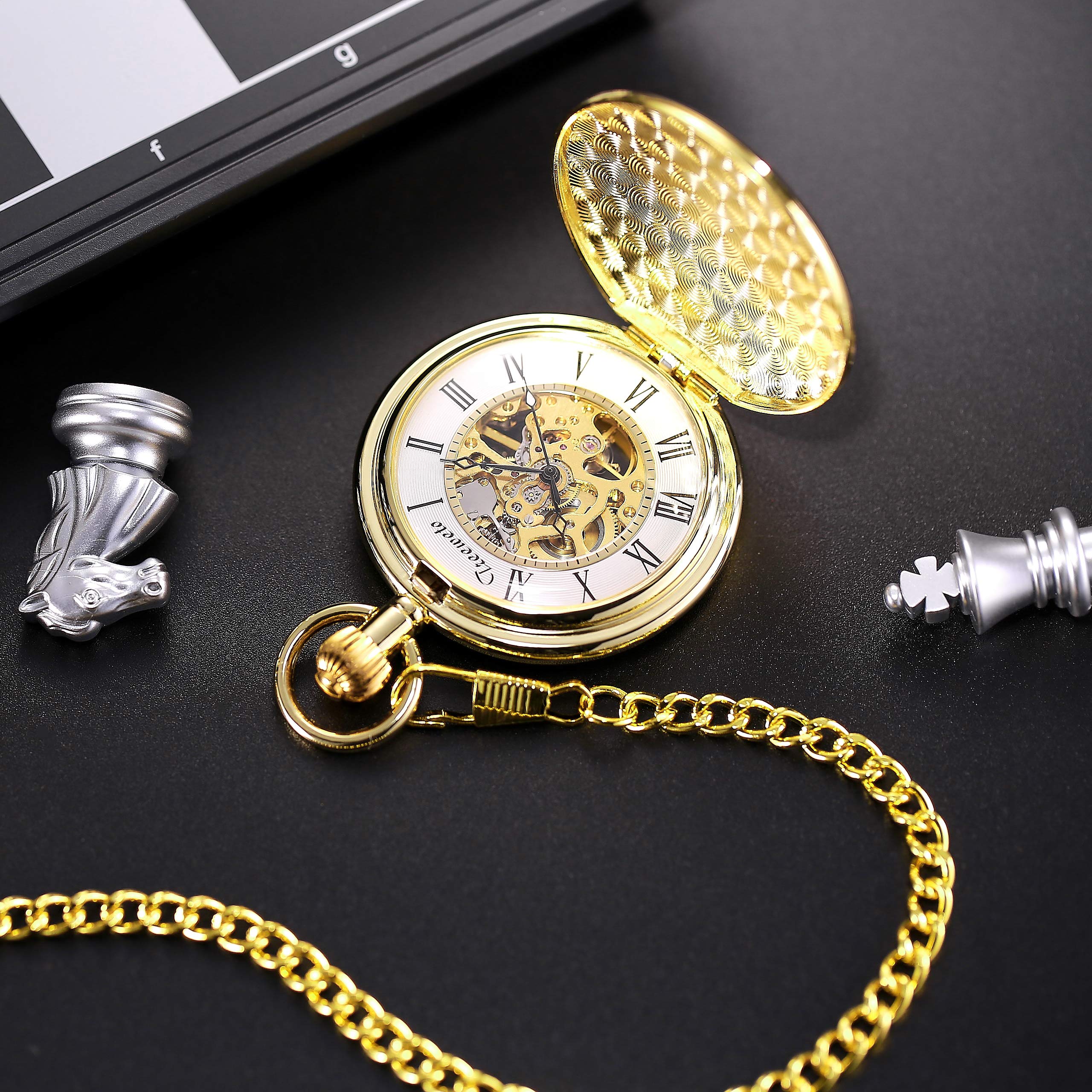 TREEWETO Pocket Watch Gold Smooth Case Skeleton Dial Mechanical Movement with Chain + Box