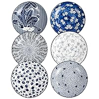 Ceramic Salad Bowls,Blue and White Pasta Bowls Set of 6,8 inch Floral Dinner Shallow Bowl (8 inch x 6pcs)