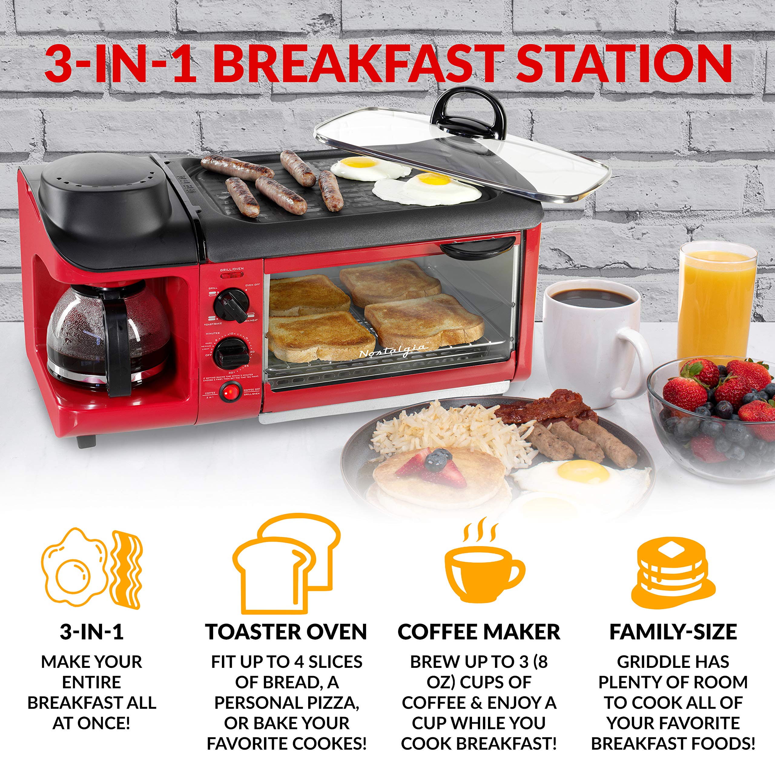 Nostalgia 3-in-1 Breakfast Station - Includes Coffee Maker, Non-Stick Griddle, and 4-Slice Toaster Oven - Versatile Breakfast Maker with Timer - Red