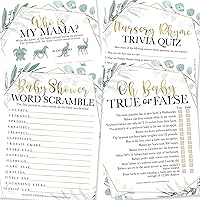 25 Greenery Word Scramble For Baby Shower, 25 True Or False Game, 25 Baby Animal Matching, 25 Nursery Rhyme Game - 4 Double Sided Cards Baby Shower Ideas, Baby Shower Party Supplies