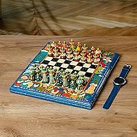 NOVICA Handmade Wood Chess Set Painted Walnut Teal Blue Multicolor Uzbekistan Sets Games Traditional Folk Art Cultural 'Teal Bukhara Folklore'