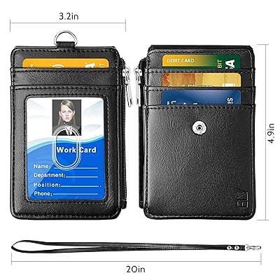 ELV Badge Holder with Zipper, PU Leather ID Badge Card Holder Wallet with 5  Card Slots, 1 Side RFID Blocking Pocket and 20 inch Neck Lanyard Strap for