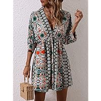 Women's Casual Dresses Graphic Print Tie Back Plunging Neck Batwing Sleeve Dress Charming Mystery Special Beautiful (Color : Green, Size : Large)