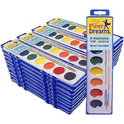 36 Pack of Watercolor Paint Sets for Kids - Includes Quality Wood Brushes - Washable - Nontoxic - 8 Vibrant Colors - Closable Lid