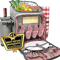 Luxury Picnic Backpack for 4: Insulated Cooler Bag with Blanket, Wine & Cheese Essentials, Gourmet Set, Perfect for Beach, Camping, Travel, Premium Plaid Strap, Folding Table, Waterproof, Family Kit