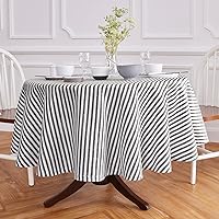Solino Home Stripe Linen Round Tablecloth – 100% Pure Linen Black and White Round Tablecloth 60 Inch Diameter – Farmhouse Washable Fabric Round Tablecloth – Amalfi Stripe