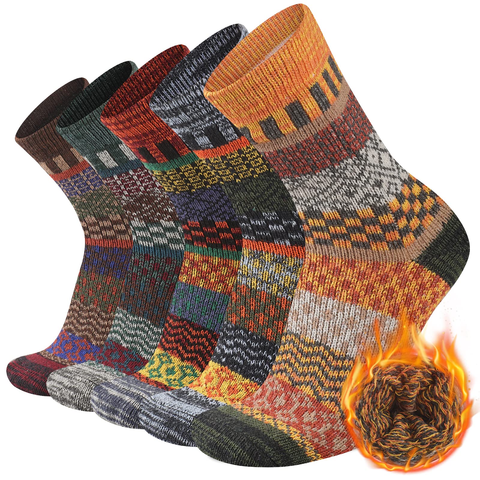 Heatuff Mens Warm Wool Socks Thermal Winter Thick Crew Pattern Socks Cold Weather 5 Pairs