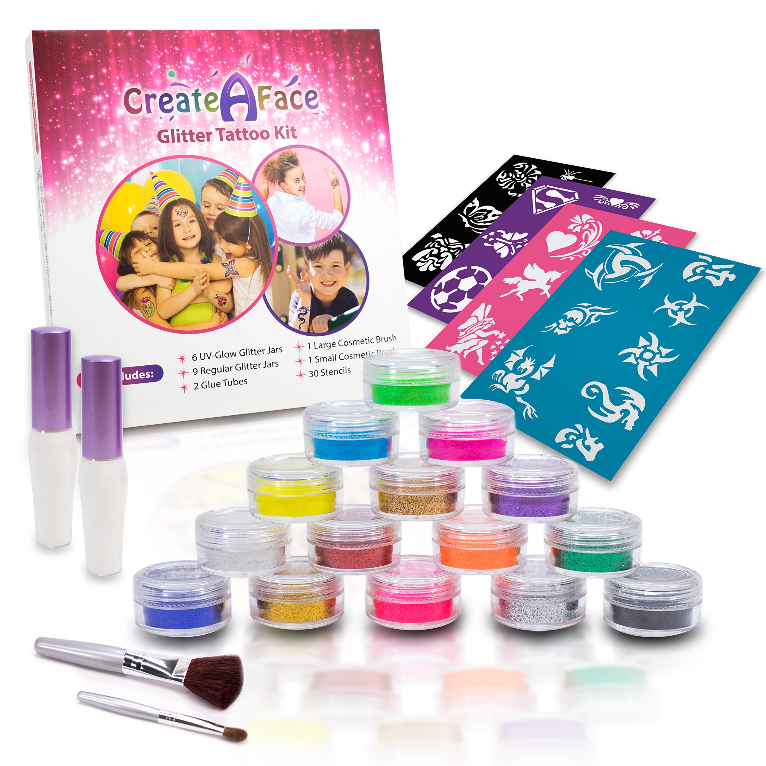 Glitter Tattoo Kit - Amazing Gift Idea for Girls (15 X-Large Color Jars, 32 Temporary Tattoos Stencils, 2 Glue Applicator & 2 Cosmetic Brushes) Hypoallergenic, Waterproof and Easy to Apply