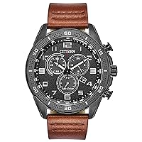 Men's Eco-Drive Weekender Chronograph Watch in Black IP Stainless Steel with Brown Leather strap, Black Dial (Model: AT2447-01E)