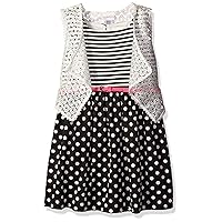 Girls' Black and White Striped to Polka Dot Ponte Dress with Pink Belt and Removable Crochet Vest