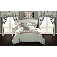 Chic Home Sonita 20 Piece Comforter Set Color Block Floral Embroidered Bag Bedding-Sheets Window Treatments Decorative Pillows Shams Included, Queen, Sage