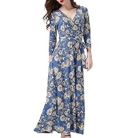 Women's Casual Maxi Dress 3/4 Sleeve Faux Wrap V Neck Floral Print Fit and Flare Long Dresses