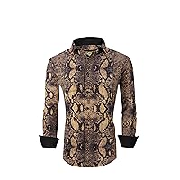 Mens Premiere Long Sleeve Button Down Designer Dress Shirt Animal Print Reptile Snake Skin Design Premium Untucked Shirt