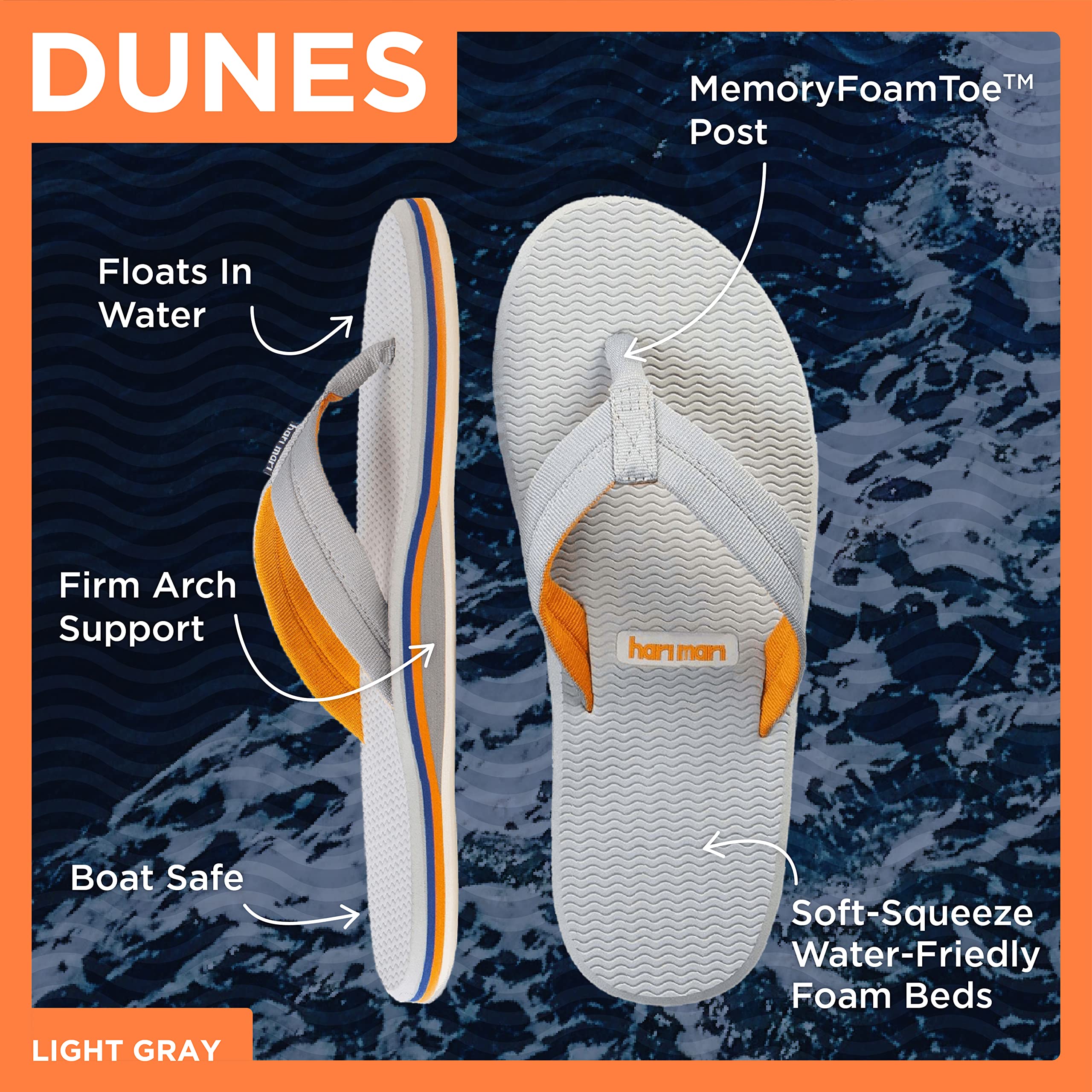 Hari Mari Dunes - Men's Premium Waterproof Flip Flops - Rubber Sandals with Comfortable Memory Foam Straps - Water Ready Summer Shoes for Men