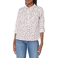 Tommy Hilfiger Women's Long Sleeve Half Zip Roll Tab Popover Shirt, Bright White Multi