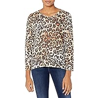 M Made in Italy Women's Leopard Print Long Sleeve Round Neck Blouse Top