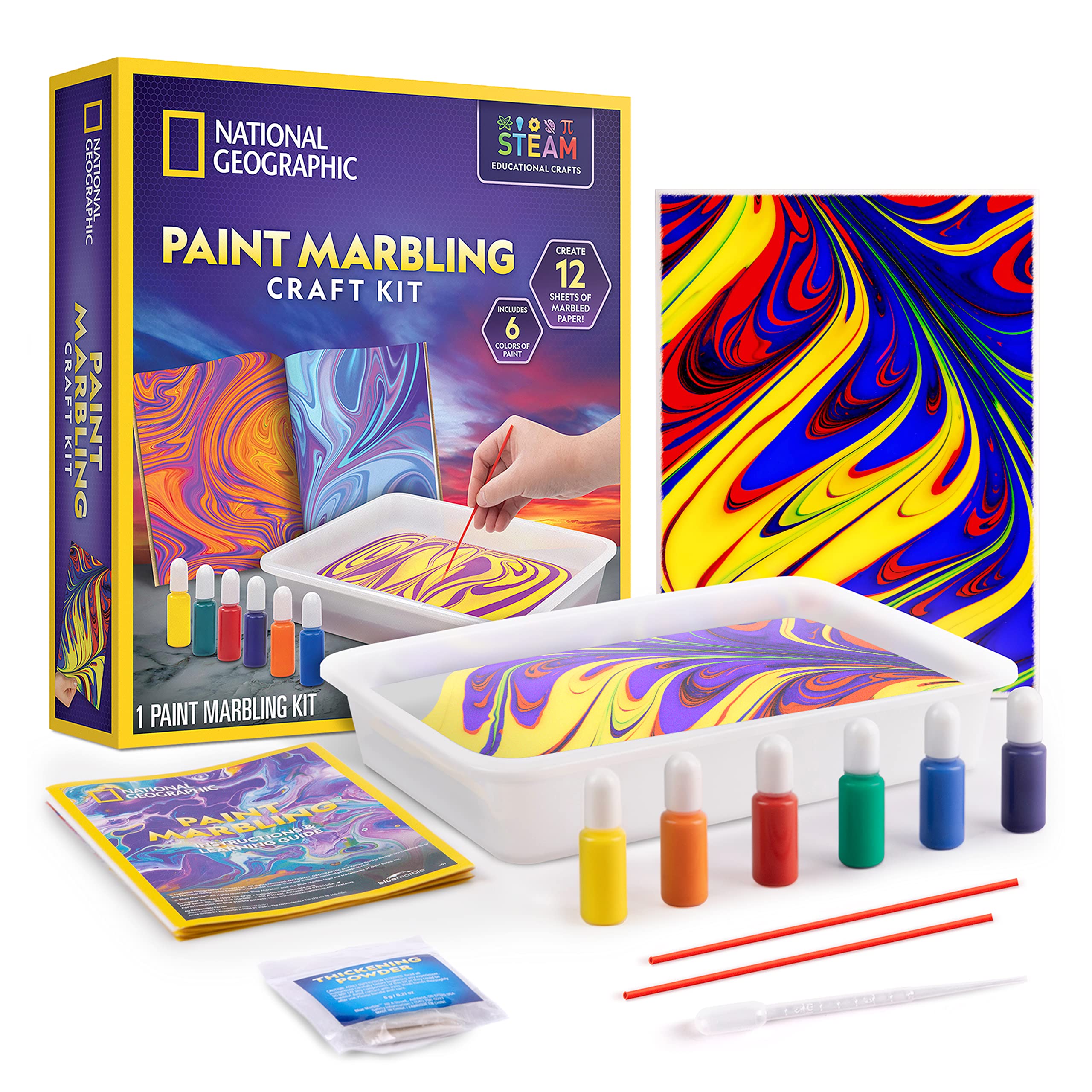 NATIONAL GEOGRAPHIC Paint Marbling Arts & Crafts Kit - Water Marbling Paint Art Kit for Kids, Create 12 Sheets of Marble Art with 6 Paints, Marbling Paint Kit, Kids Art Projects (Amazon Exclusive)