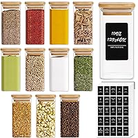 ComSaf 12Pcs Glass Spice Jars with Bamboo Lid, 10oz Airtight Square Containers with 275 Black Lables, Empty Seasoning Jars for Spice Salt Sugar