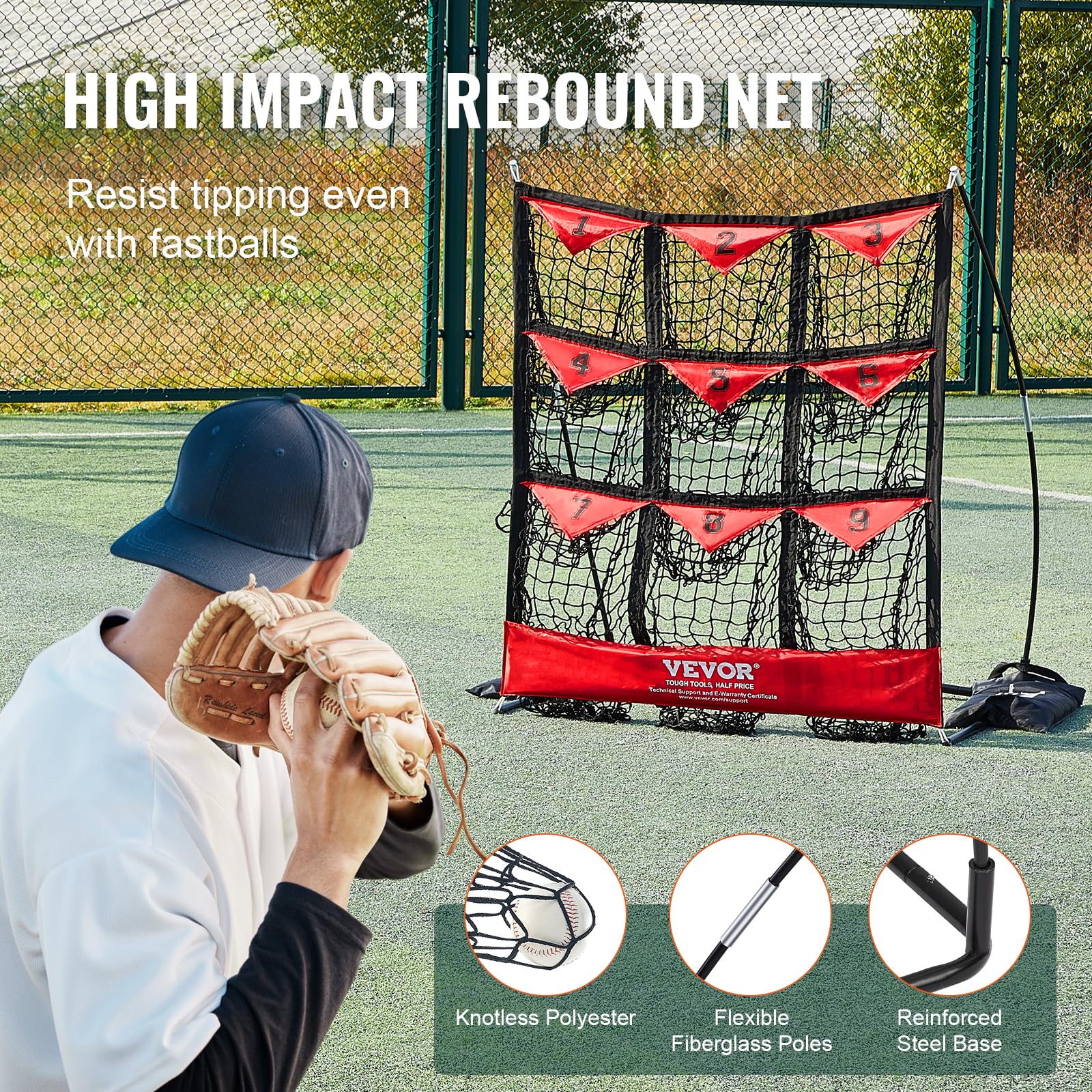 VEVOR 9 Hole Baseball Pitching Net,Softball Baseball Training Equipment for Hitting Pitching Practice, Portable Quick Assembly Trainer Aid with Carry Bag, Strike Zone, Ground Stakes, for Youth Adults