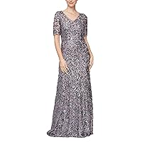 Alex Evenings Women's Long Length A-line Sequin Lace V-Neck Mother of The Bride Dress, Formal Event Gown with Short Sleeves