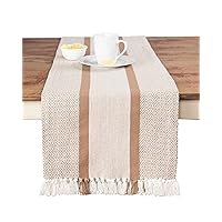 Table Runner Cotton Farmhouse Boho 14 in x 72 in, Table Décor for Kitchen or Dining, Tan Cloth Woven Striped Table Runners, Oeko-Tex Cotton
